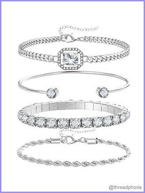 Dainty Silver Bracelet Set 14K Plated Link Bangle Charm (4 Pcs)